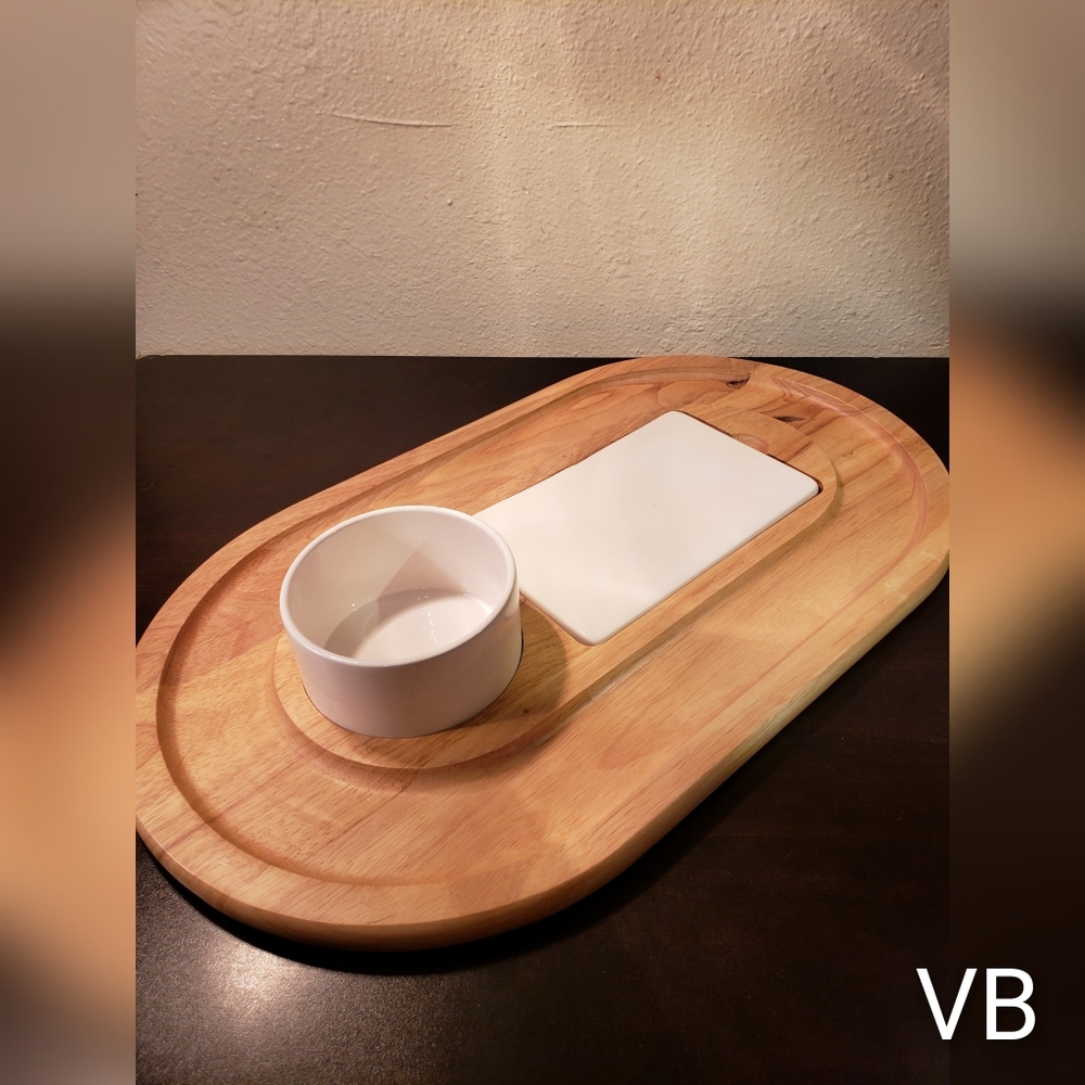 Wooden Dipping Platter With Bowl & Tray.